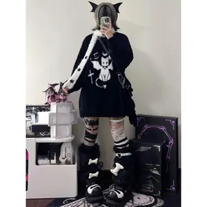 Harajuku Gothic Casual Oversized Knitted Jumpers Grunge Cartoon Sweater Fashion Knitwear Y2k Aesthetic Balack Loose Pullover