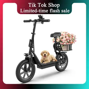 Adult Electric Scooter with Seat and Basket: Features a 48V 10.4Ah battery, a top speed of 22 mph, and a range of 21–27 miles. It boasts a foldable design and is pet-friendly, equipped with a rear storage basket.