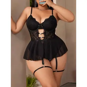 Plus Size 4 Piece Lingerie Set Sexy Lace Teddy Bodysuit With Skirt And Thigh Bands Heart Rhinestone Detail Valentine Day Gift For Her Curvy Women Underwire Bra Exotic Nightwear Mesh Babydoll