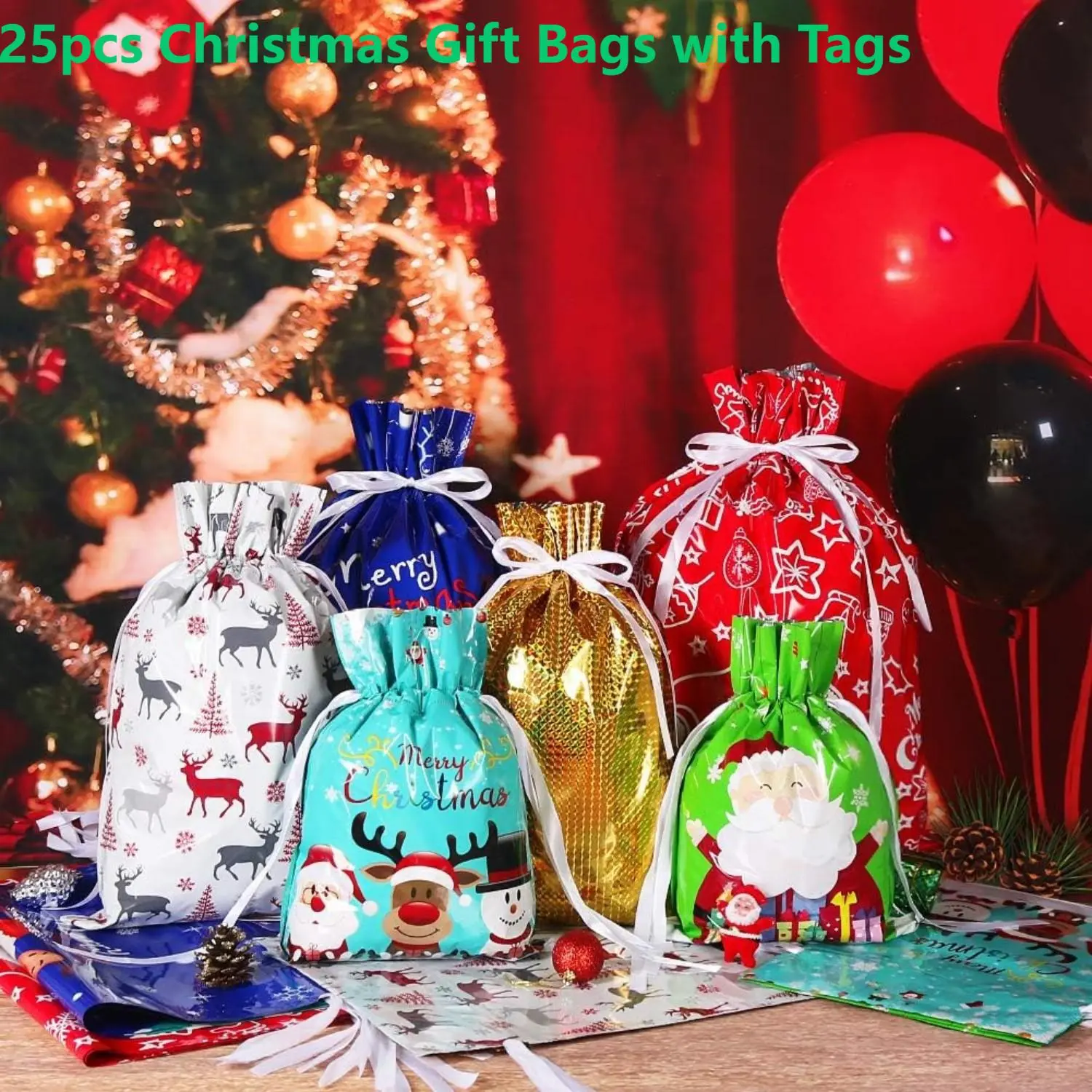 25pcs Christmas Gift Bags with Tags, Christmas Drawstring Gift Bags, Reusable Wrapping Bags, Large & Medium Goody Bags, Bulk Xmas Gift Bags, Holiday Party Favor Bags for Kids, Santa & Snowflake Designs