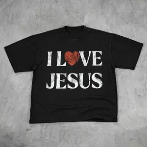 Vintage I Love Jesus Print Short Sleeve T-Shirt Menswear Top Underwear Tshirt Cotton Polyester Graphic Round Neck Casual