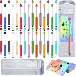 90Pcs/45Pcs Beadable Pens Kit, Include 30 Pcs/15pcs 2 in 1 Plastic Stylus Beadable Pens Foil Thank You Cards with 30pcs/15pcs Resealable Packaging Bags for School Office Party Supply Gifts
