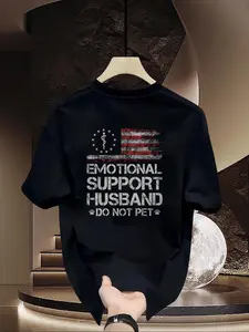 Classic Cotton Casual Round Neck T-Shirt, American Style Sports Top with "Emotional Support Husband" Flag Graphic, Men's Casual Clothes