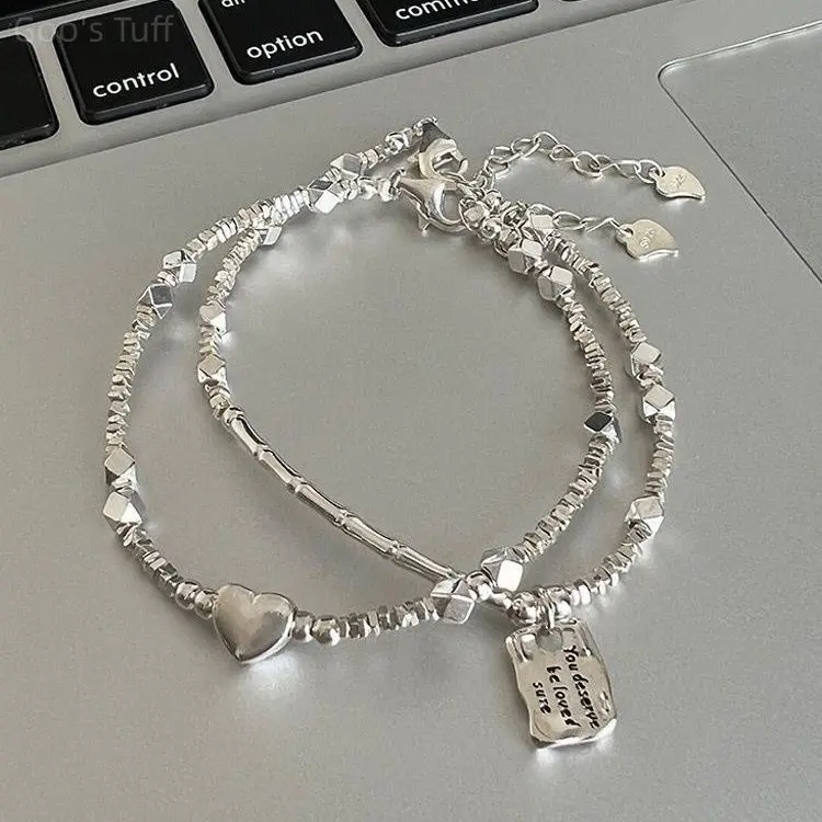Crushed Silver Bead Bracelet for Women, Elegant Minimalist Jewelry with a Delicate Heart Tag Charm, Perfect Birthday Gifts for Friends, Female