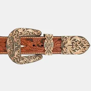 Longhorn Three Piece Buckle | Longhorn Figure | Stippled German Silver Base with antique | Copper Scrolls with antique