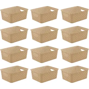 12 Pcs Khaki Stackable Plastic Weave Storage Baskets Organizer Set for Pantry Shelves Kitchens Bathrooms Classrooms Cabinets and Bedrooms