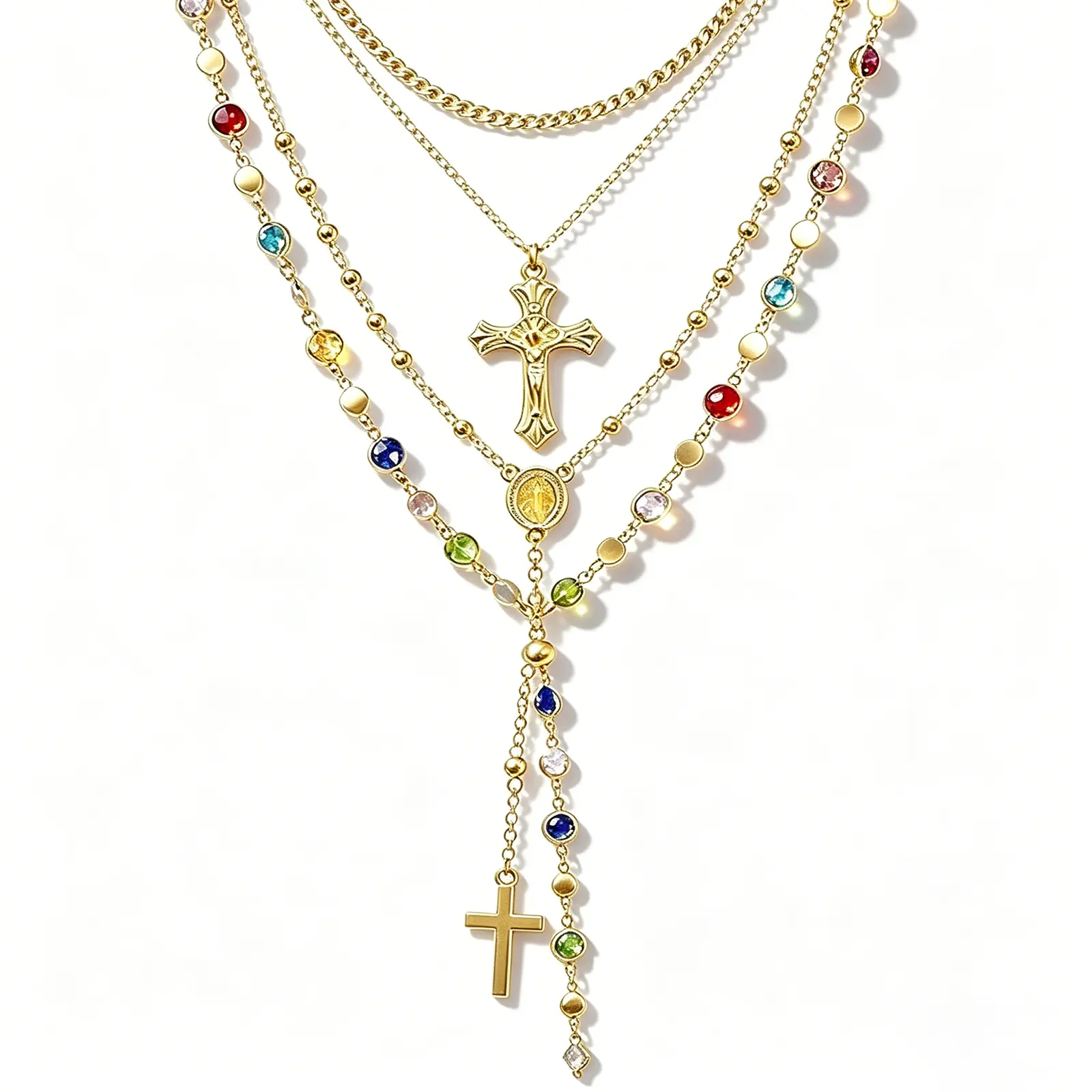 4PCS Layered Gold Cross Necklaces for Women Trendy Bohemian Bead Pearl Y Long Pendant Necklace Set Vintage Rosary Adjustable Length Gift mothers day gift summervibes☀️