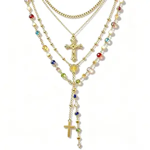 4PCS Layered Gold Cross Necklaces for Women Trendy Bohemian Bead Pearl Y Long Pendant Necklace Set Vintage Rosary Adjustable Length Gift mothers day gift