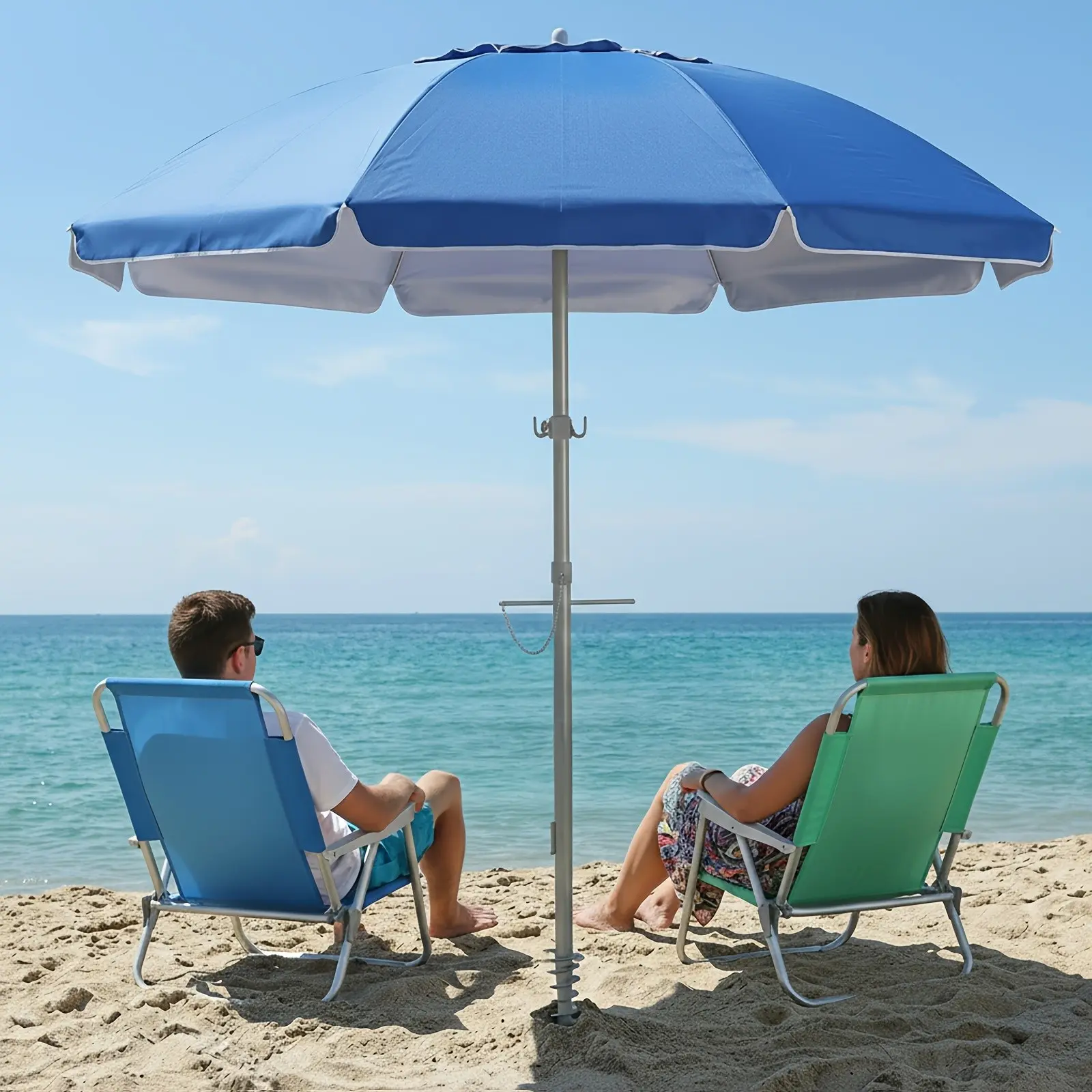 7 Feet Large Beach Umbrella with Sand Anchor Heavy Duty High Wind Portable Outdoor Umbrellas UV 50+ Protection Air Vent Tilt Patio Garden Pool