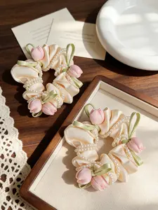 Spring Tulip Pearl Hair Tie, Satin High-End Headband, Sweet Girl Bun Accessory, French Tulip Flower Hair Rope, Versatile Commute Date Hair Decor, Scrunchie, Scrunchies