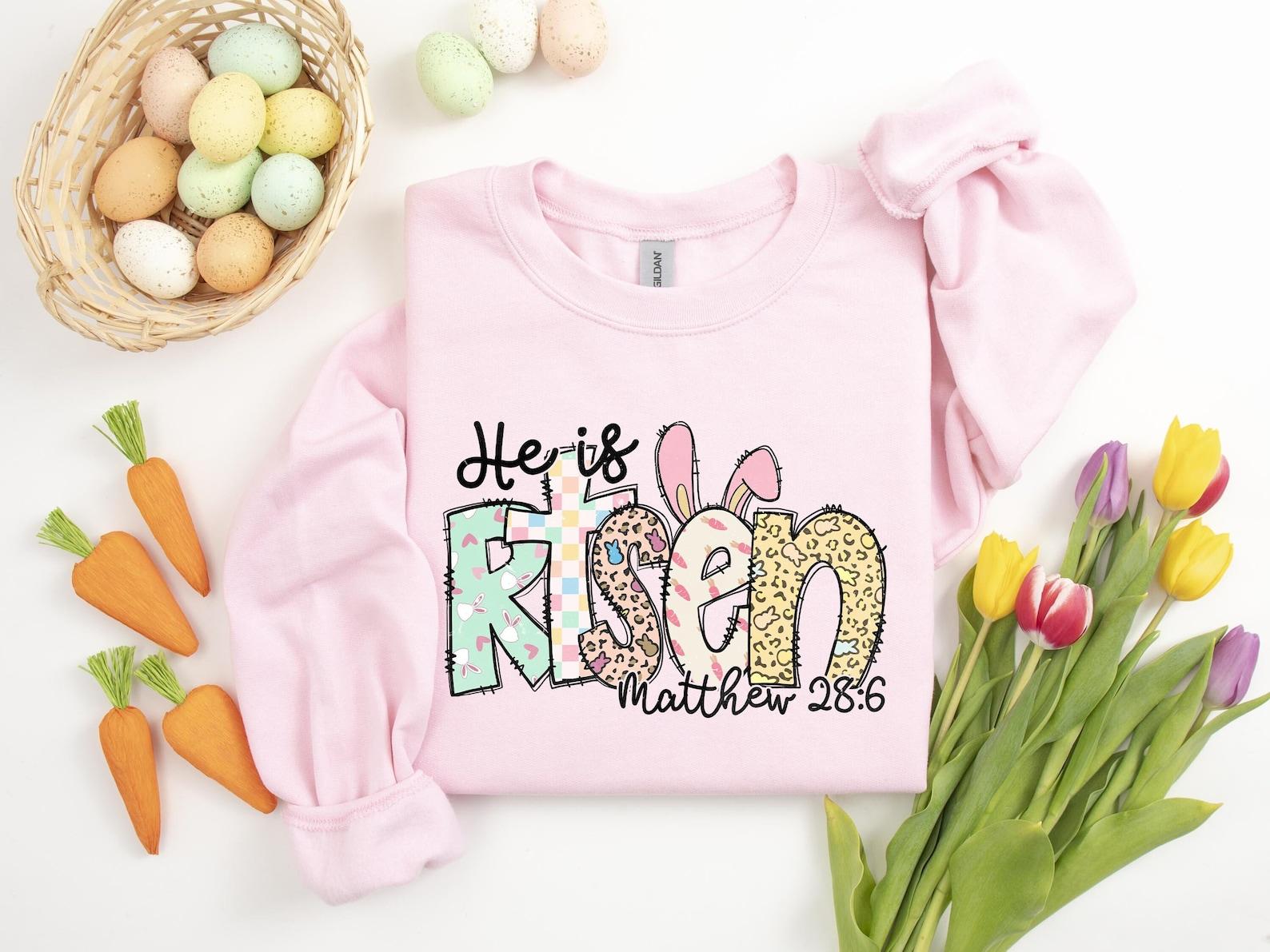 Women’s Christian Easter Cotton Crewneck Sweatshirt – He Is Risen Matthew 28:6, Bunny Graphic, Long Sleeve, Ribbed, Casual Tops, Religious Faith Spring Holiday Unisex Gift