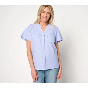 Denim & Co. Allover Embroidered Flutter Sleeve Cotton Blouse