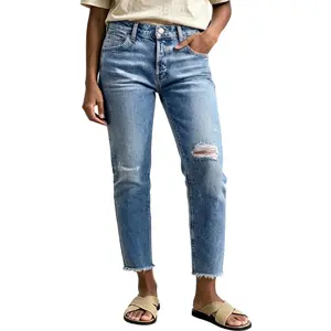 Flamingals Wash Ripped Raw Hem Mid Rise Straight Leg Crop Jeans Womenswear Stretchy 25.6" Inseam
