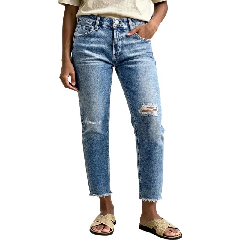 Flamingals Wash Ripped Raw Hem Mid Rise Straight Leg Crop Jeans Womenswear Stretchy 25.6" Inseam