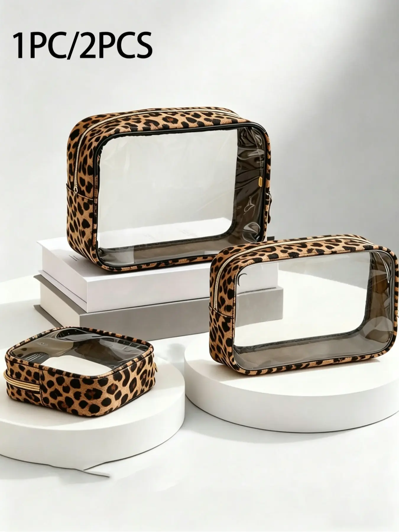 Transparent PVC leopard print zipper makeup bag, waterproof storage bag, stylish toiletry organizer, portable skincare bag, suitable for makeup, lightweight, durable, waterproof, and with a transparent viewing window, suitable for men and women to carry