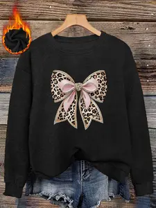 Women's Fall Winter Faux Fur Round Neck Top, Luxurious Leopard Trim Bowknot, Casual Long Sleeve, Comfortable and Stylish