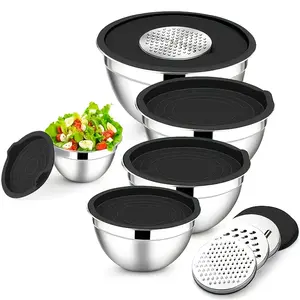 Must-Have 5pcs Stainless Steel Bowls -Airtight, Matte, Oven Safe. Mix, Bake,Serve & Store w/ Lids & Grater