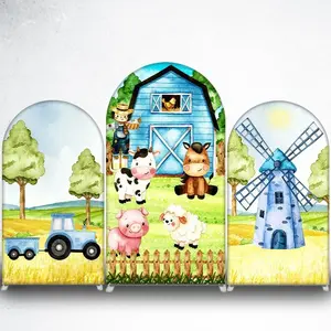 15-day Delivery Cute Farm Animals and Blue Barn Arch Backdrop Cover for Barnyard Theme Party Photo Booth