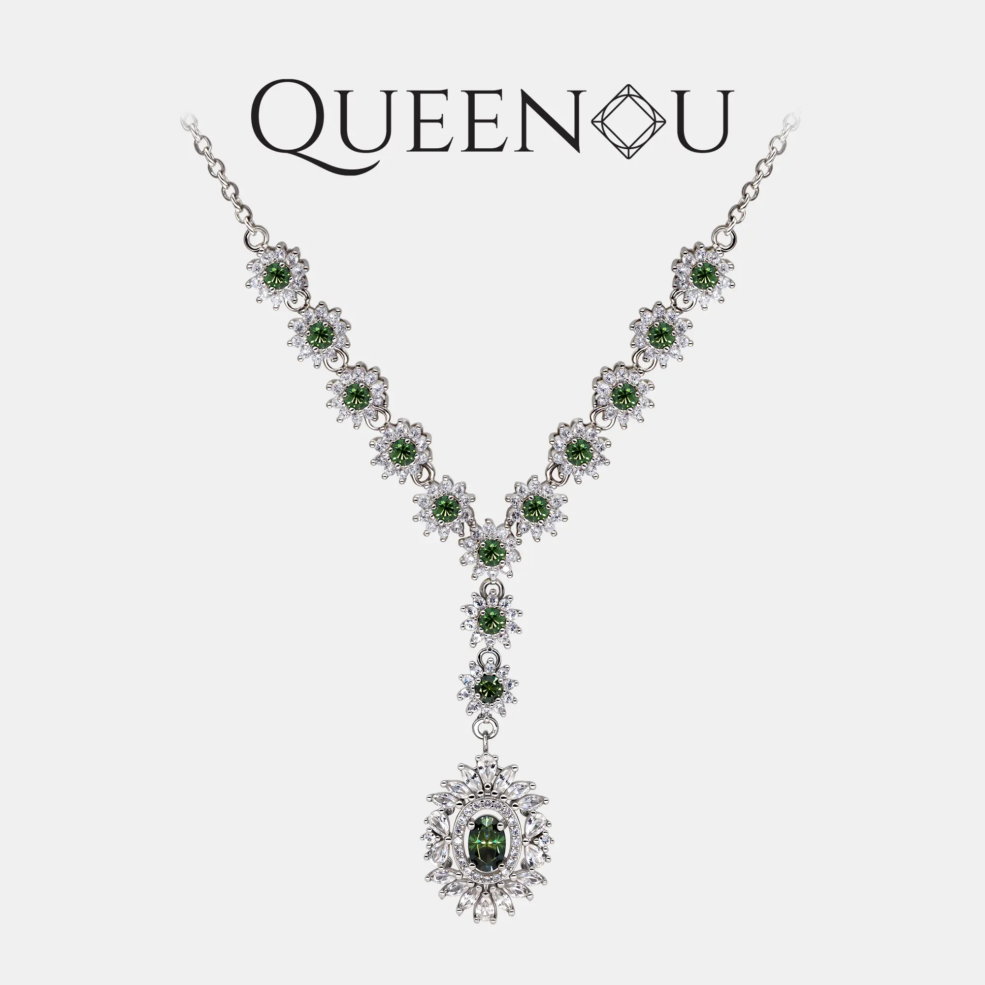 【947】Promotional Event Celestial Cascade Necklace | 1CT Oval Synthetic Moissanite Pendant (White/Black/Green) |  | 13 Synthetic Moissanite Accent Chain