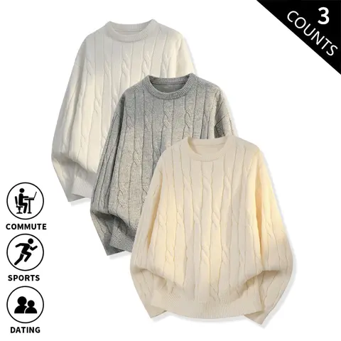 2026 Best-Selling Men’s Crewneck Pullover Sweater Set, 3 Pieces, warm, drapey knit fabric; suitable for business commuting, outdoor sports, evening dates, and gatherings with friends; classic retro street style, multicolor sweater set