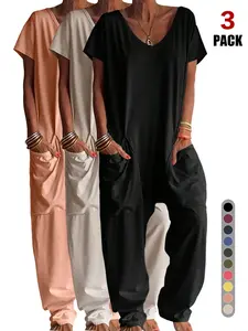 3pcs European Minimal Ultra-Soft Sleep Overall, Deep V Neck, Oversized Tee Style, Big Pockets, Casual Jumpsuit for All Seasons，loungewear set