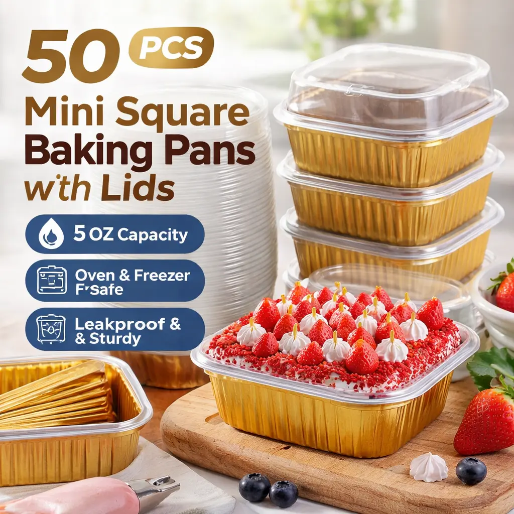 50pcs Food Grade Aluminum Foil Disposable Lidded Baking Cups - Gold Mini Square 5oz Ramekins, Kitchen Bakeware Utensils for Cupcakes,Desserts, Ideal for Wedding Events,Camping,Picnic, With Lids