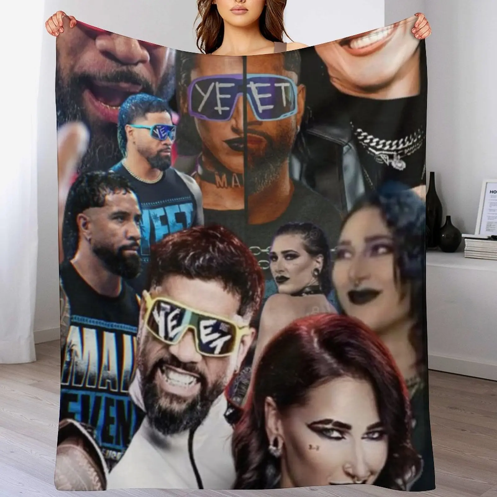 Vintage Wrestling Themed Ripley Patchwork Plush Throw Blanket - Cold Water Gentle Cycle Machine Washable - Versatile for Bed, Sofa - Ideal for Wrestling Fans