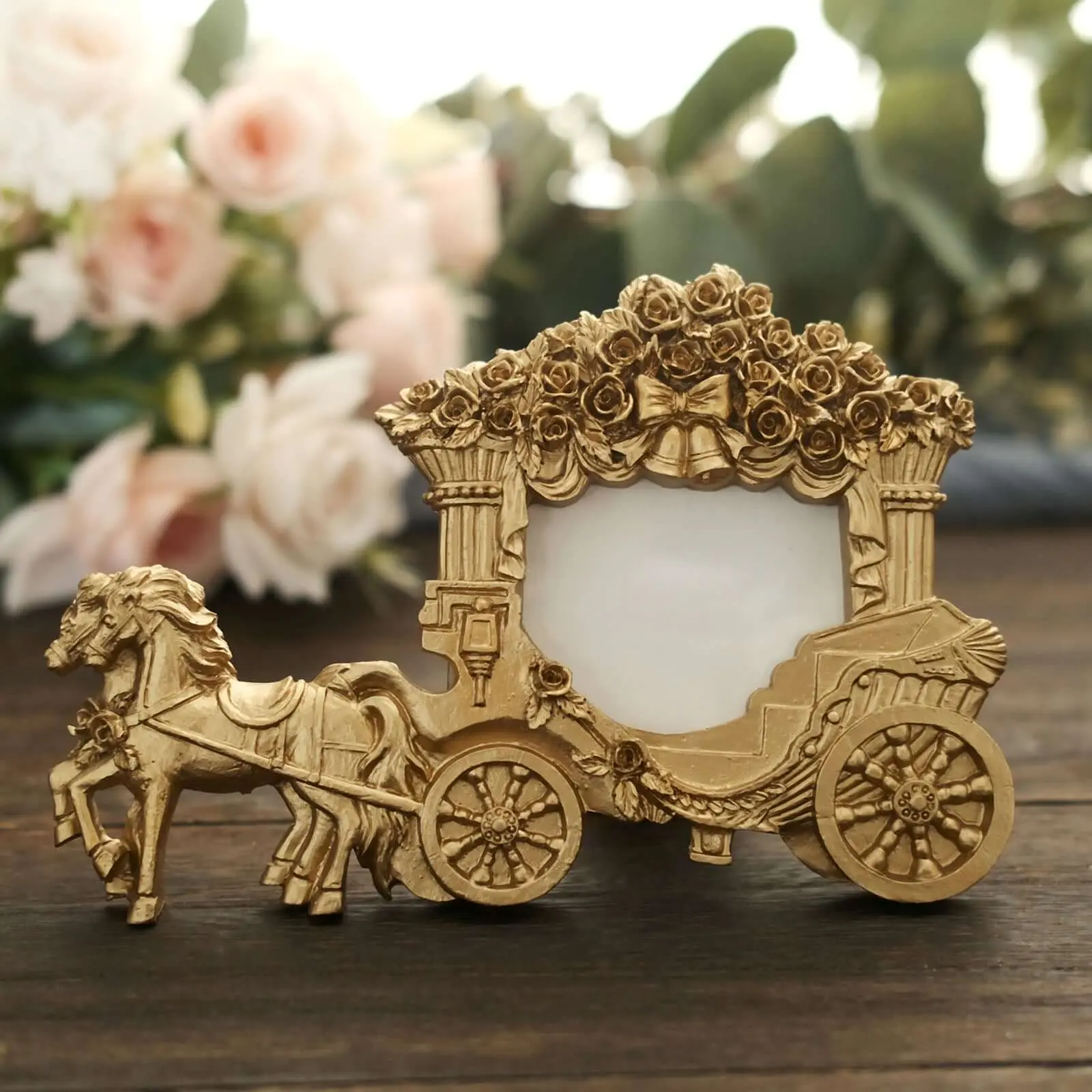 7" European Style Gold Resin Horse Carriage Design Photo Frame - Decorative Details Wall & Tabletop Frames, Place Card Holder, Wedding Party Favor