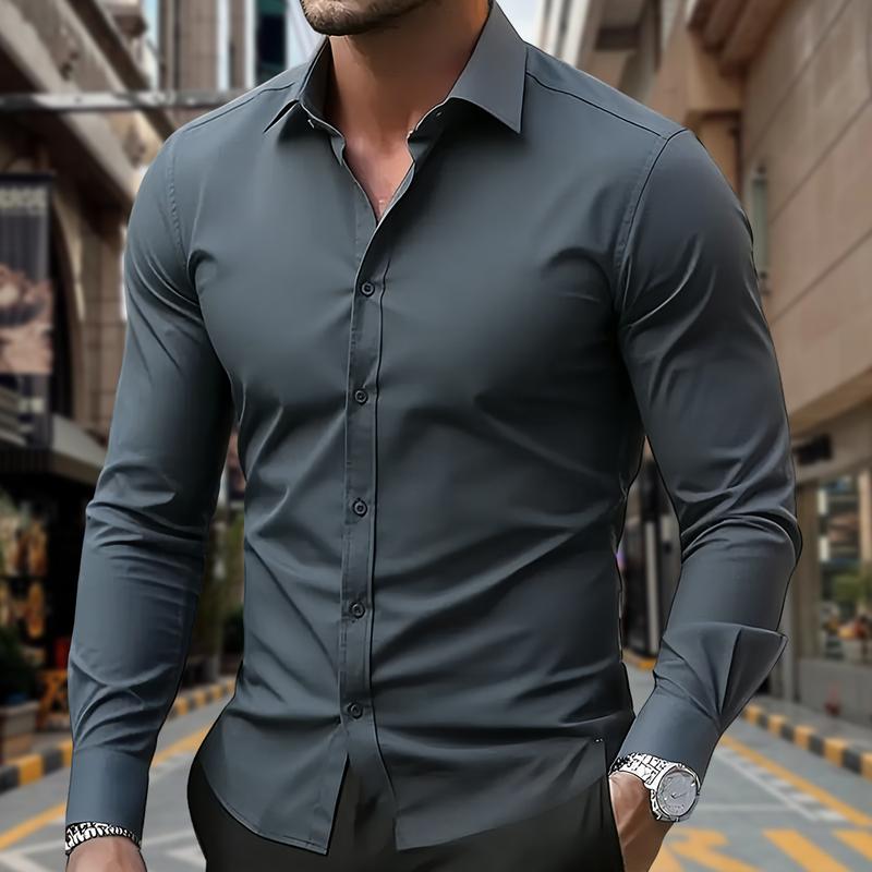Men's Fashion Casual Shirt - Long Sleeve Solid Color Style, Collared Button Design, Polyester Fabric, Comfortable and Breathable, Suitable as a Holiday Gift, For Outings, Casual Parties, Dates, Light Business Men's Fashion Casual Shirt - Long Sleeve Solid Color Style, Collared Button Design, Polyester Fabric, Comfortable and Breathable, Suitable as a Holiday Gift, For Outings, Casual Parties, Dates, Light Business