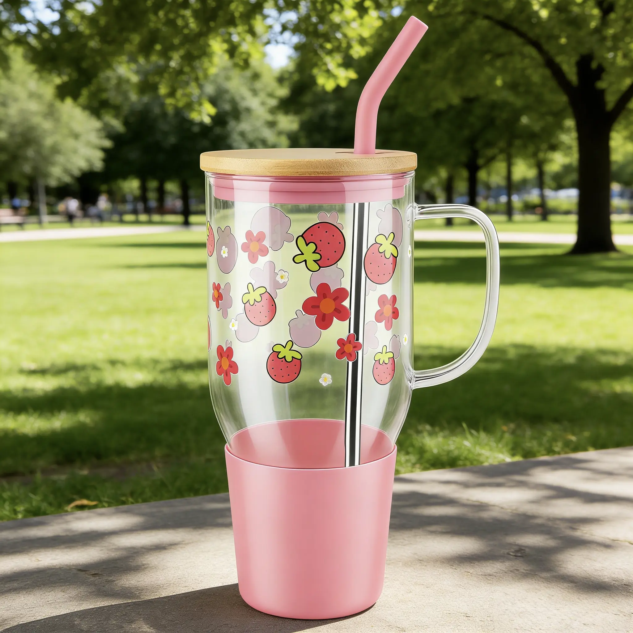 Glug 40oz Aesthetic Glass Tumbler with Handle, Summer Drink Cup with Lid & Straw, Reusable Coffee Mug and Water Bottle for Women, Beach, Picnic & Daily Use