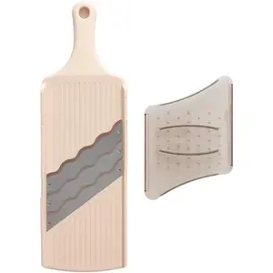 Japanese Cabbage Slicer Mandoline, 3-Blade Triple Wave Shredder for Slaw, Stainless Steel Wave Blades, Safety Holder, Clean, Compact Beige, Made in Japan