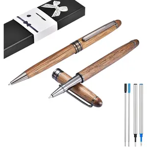 Ballpoint Pen Set 2 Pack, Fancy Wooden Pens and Rollerball Pen for Men Extra 4 Ink Refills (2 Blue & 2 Black) Nice Writing Pen Sets  for Business Journaling Executive Signature