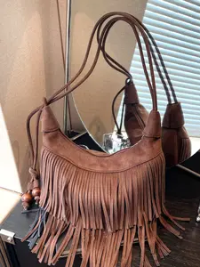 Retro niche tassel shoulder messenger bag, fashionable frosted shoulder tote bag, casual and versatile shoulder messenger bag, simple and personalized shoulder commuter bag, Fringe hobo bag, Hobo crossbody bag, Crossbody Shoulder Purse
