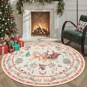 Christmas Round Carpet for Living Room & Bedroom, Non-Slip Soft Rug with Tree Santa Print, American Retro Style, Vintage Area Rug