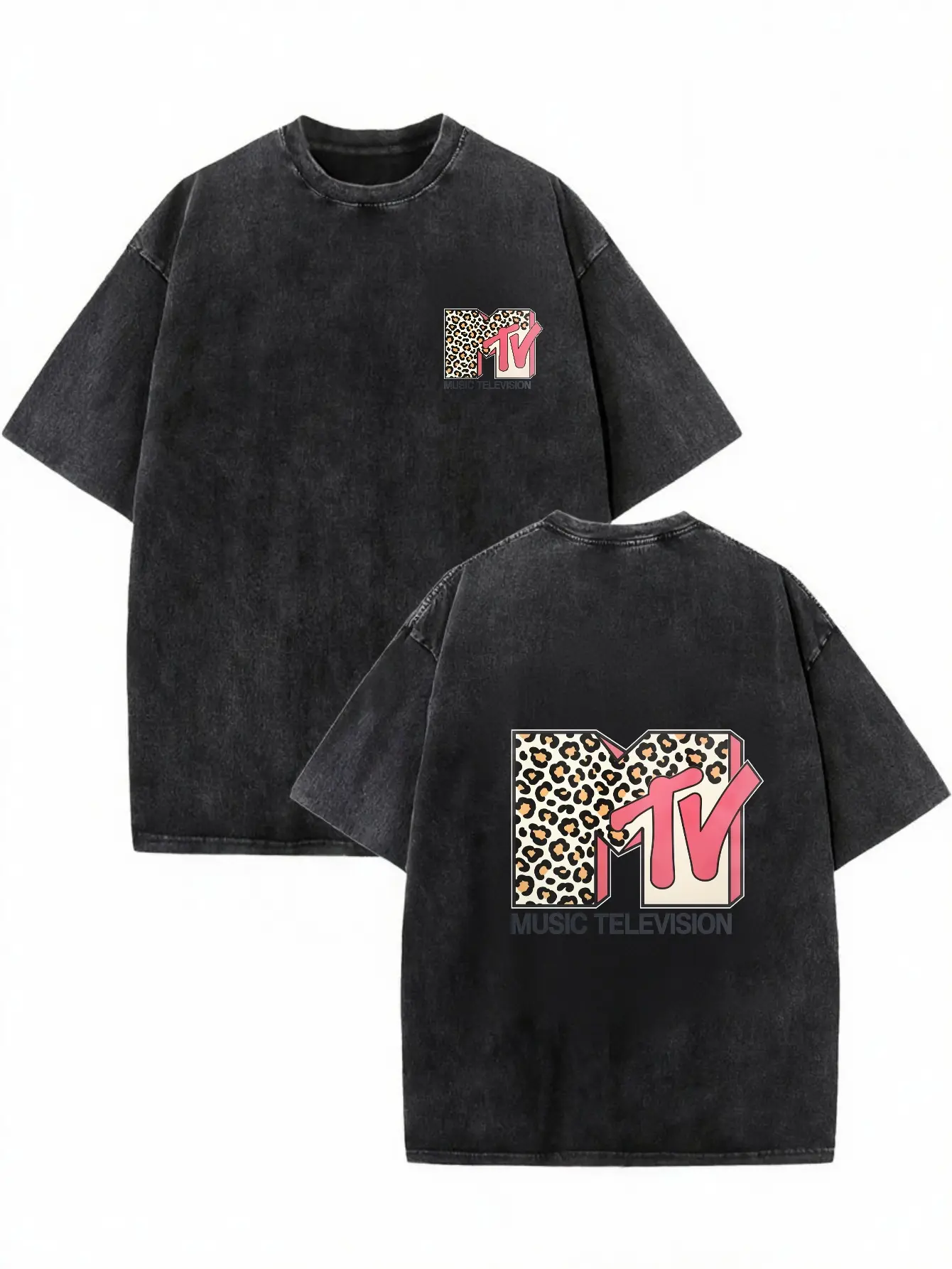 Vintage Washed Black MTV Leopard Print Double Sided T-Shirt, Retro 90s Music Television Leopard Pattern Crewneck Short Sleeve Tee, Oversized Loose Streetwear Top For Women Men Y2K Casual Outfit Cotton