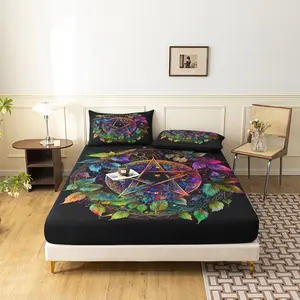 3pcs Pentagram Ivy Leaf Printing Fitted Sheet Set,Nature Floral Print Bedroom Decor,Room And Dormitories Mattress Protector(1 Fitted Sheet + 2 Pillowcase No Pillow)