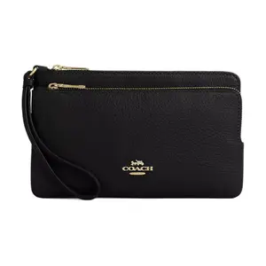 Coach Leather Wallet for Women with Zip Closure and Textured Peony Grain, Black