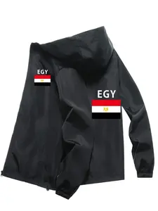 Men's Fashion Jacket with Egyptian Flag Letter Print, Zipper Pockets, Casual Hooded Design, Polyester Material, Spring & Fall Wear