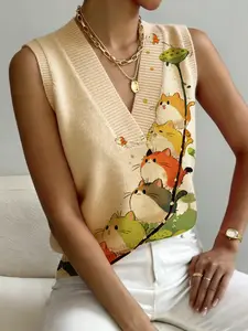 Women's Casual Cat Fishing Animal Print V-Neck Sleeveless Knit Sweater Vest, Comfortable Breathable Colorblock Design, All Seasons Wear