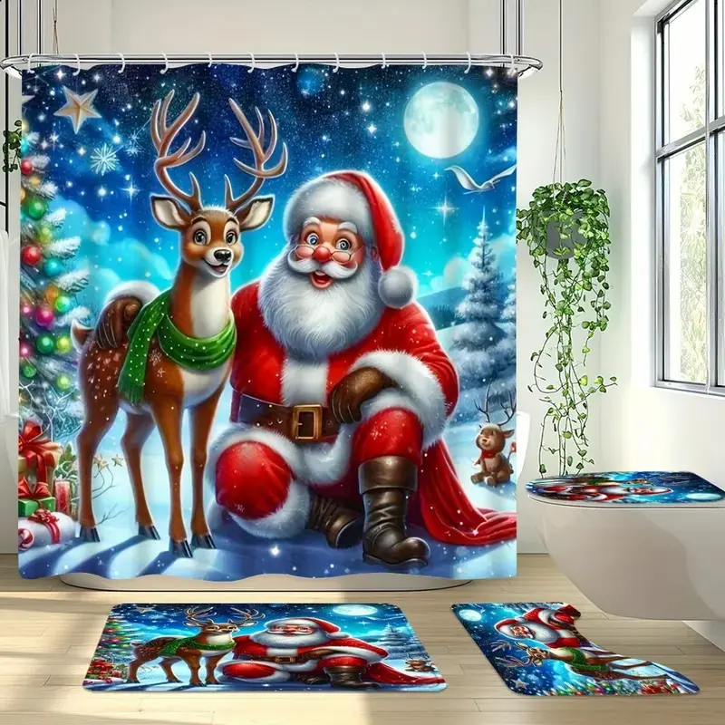 1/4 pcs Christmas-themed design with Santa Claus and reindeer designs, Decorative Shower Curtain set, Bath Curtains Shower, non-slip mat, U-shaped rug, toilet seat cover, for bathroom decoration, with 12 hooks, Bathroom Decoration Accessories