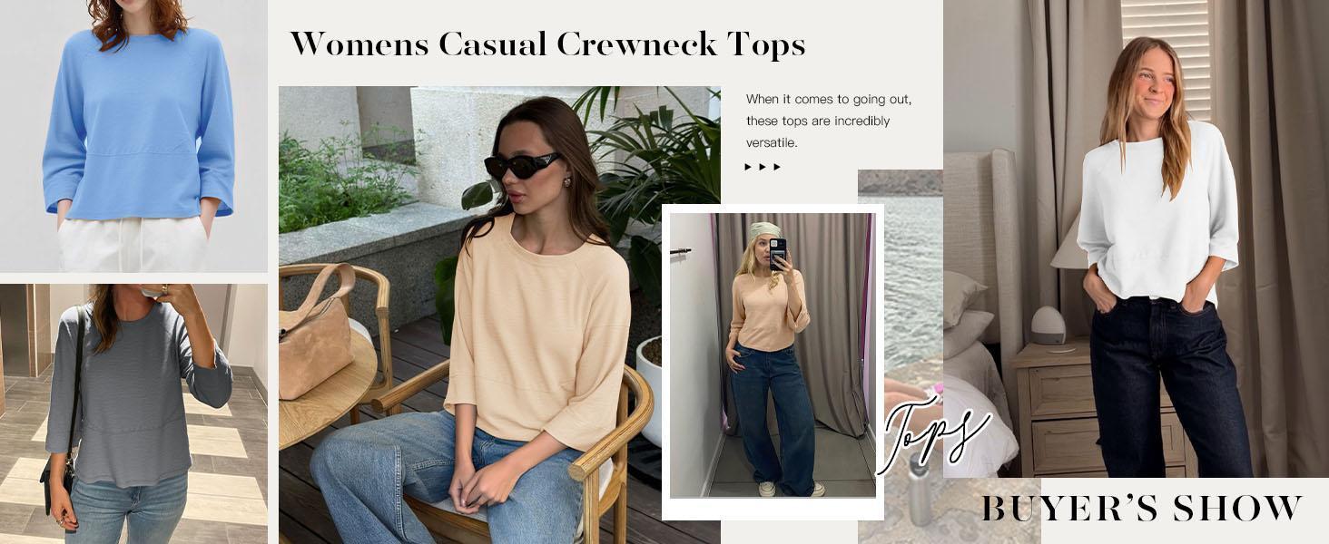 Imily Bela Womens Spring Summer 3/4 Batwing Sleeve Tops Casual Loose Fit Crewneck Shirts Cute Flowy Trendy Tees Blouse