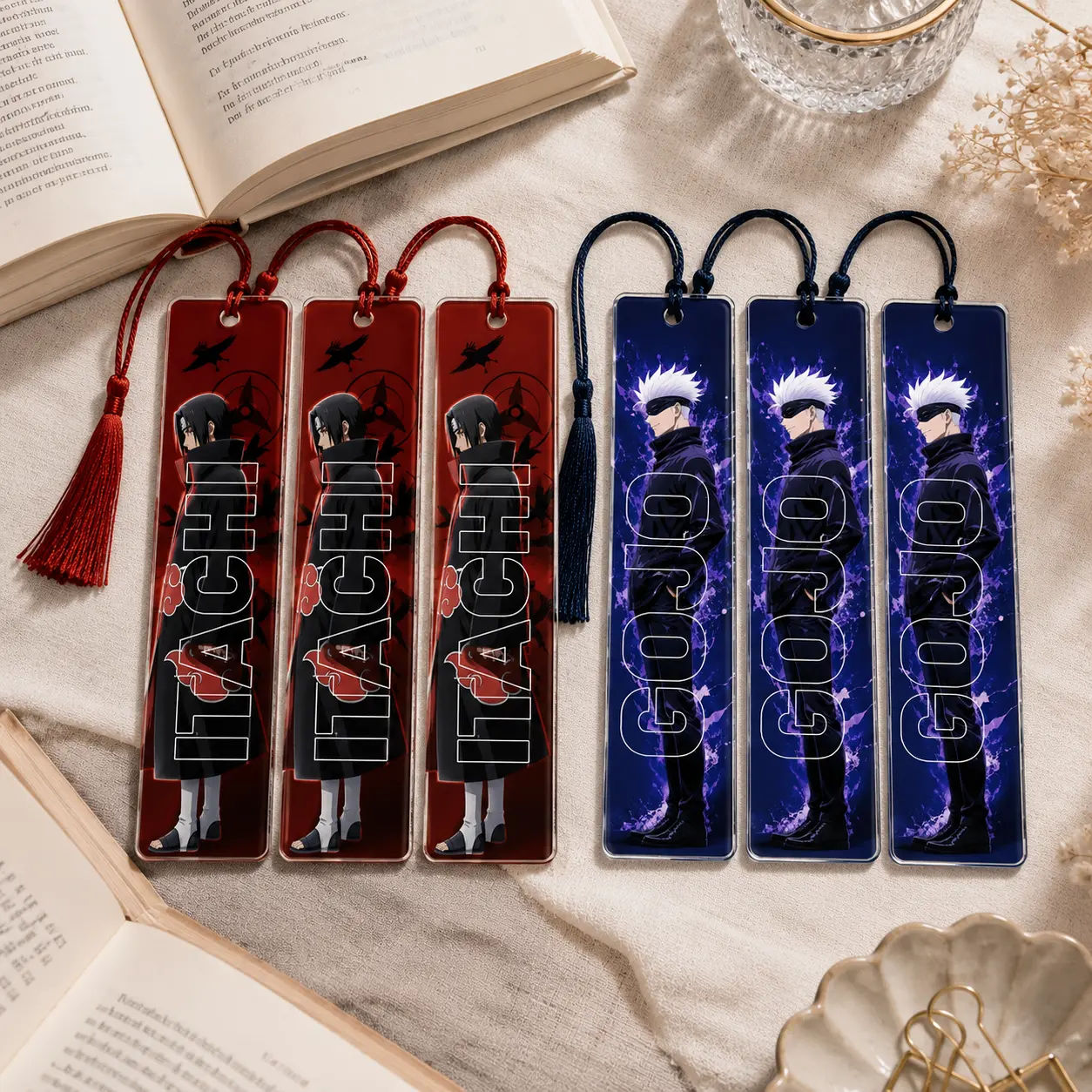 Japanese Anime Style Acrylic Bookmark Set | Dark Fantasy Manga Reader Accessories with Tassel | Blindfolded Sorcerer & Red Cloud Ninja Bookish Gift | Shonen Otaku Merch US