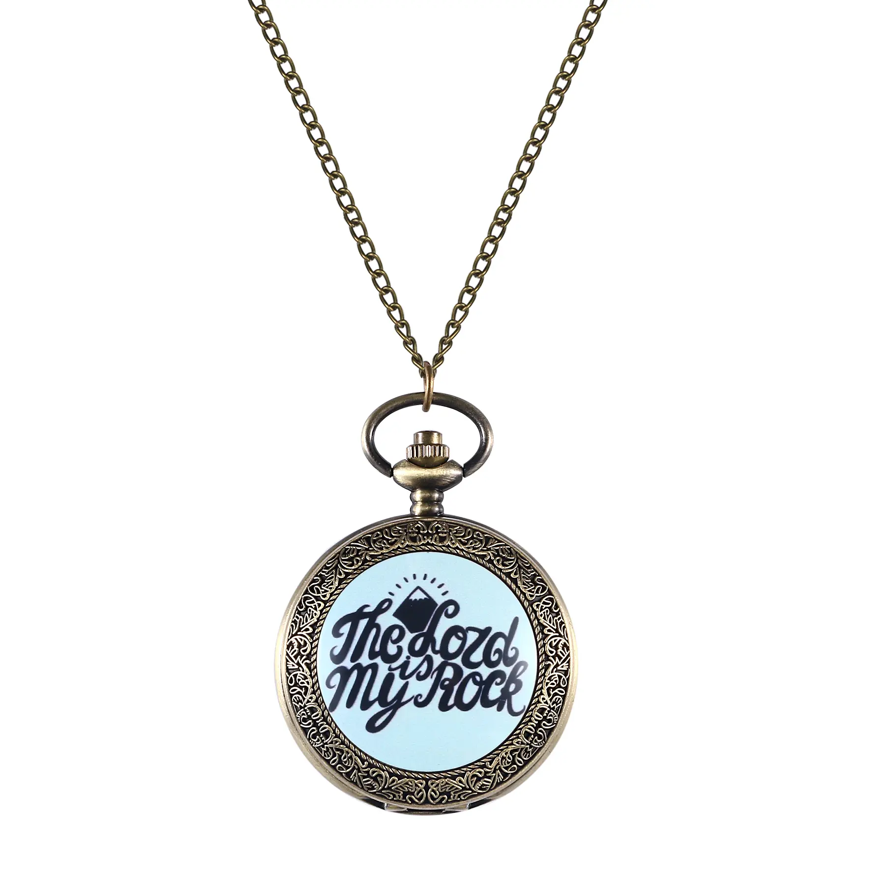 OIDEA Unisex Christian Pocket & Fob Watch, Heirloom Vintage-Inspired Design on a Necklace Chain with Quartz Movement, Engraved "The Lord Is My Rock" Faith Gift, Pocket Watch, Bronze, Alloy, Heirloom Vintage-Inspired Pocket & Fob Watches