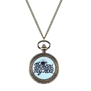 OIDEA Unisex Christian Pocket Watch - Quartz Antique Bronze Alloy Necklace Watch, Numeral Dial, "The Lord Is My Rock" Engraved Case, Faith Gift for Difficult Seasons