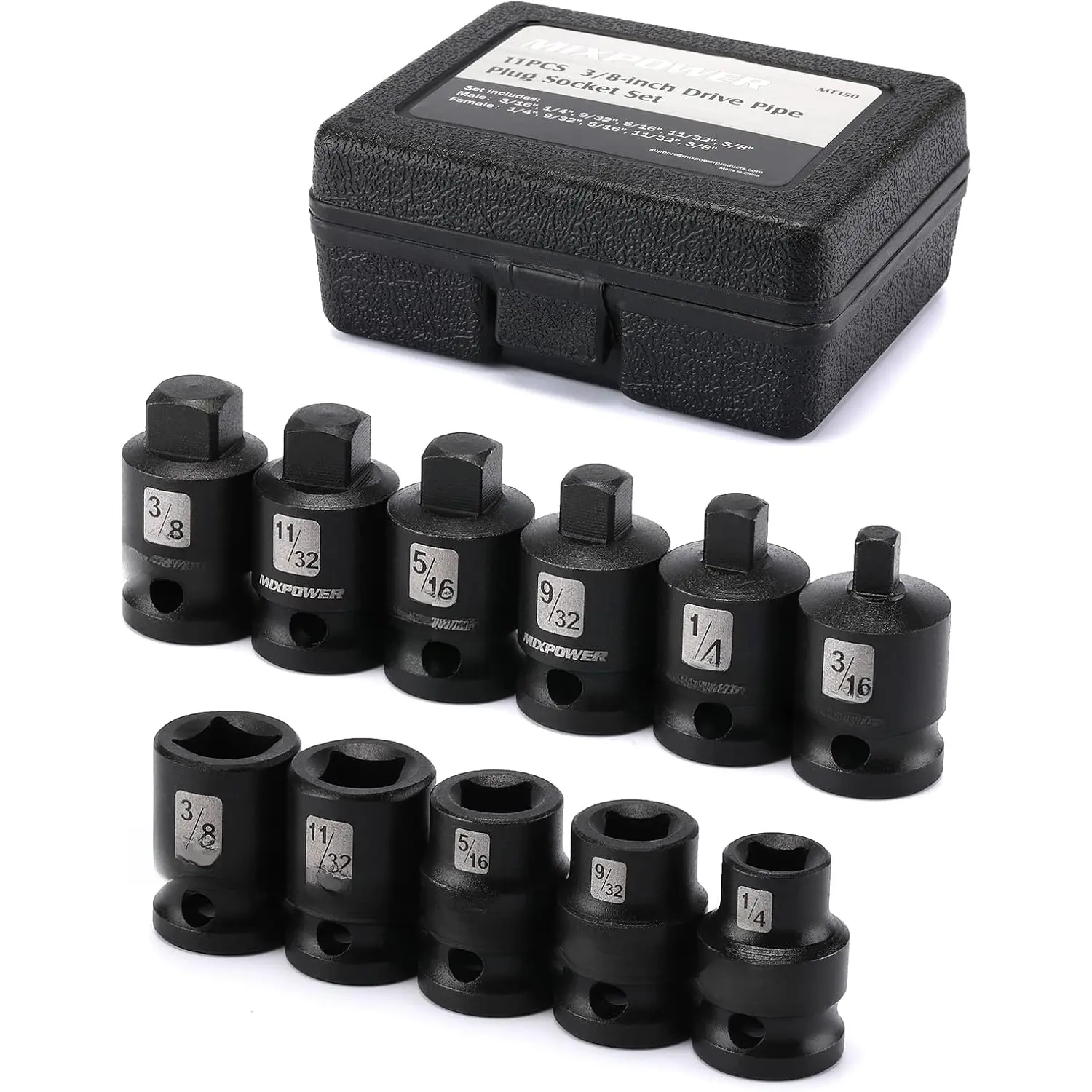 11 count 3/8-inch Drive Pipe Plug Socket Set, SAE, CR-MO, Tapered Male Square Drive, Chamfered Female Square Drive
