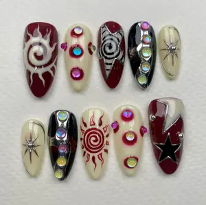 Handmade Psychedelic Press On Nails: Wine Red Cosmic Spiral with Retro Stars