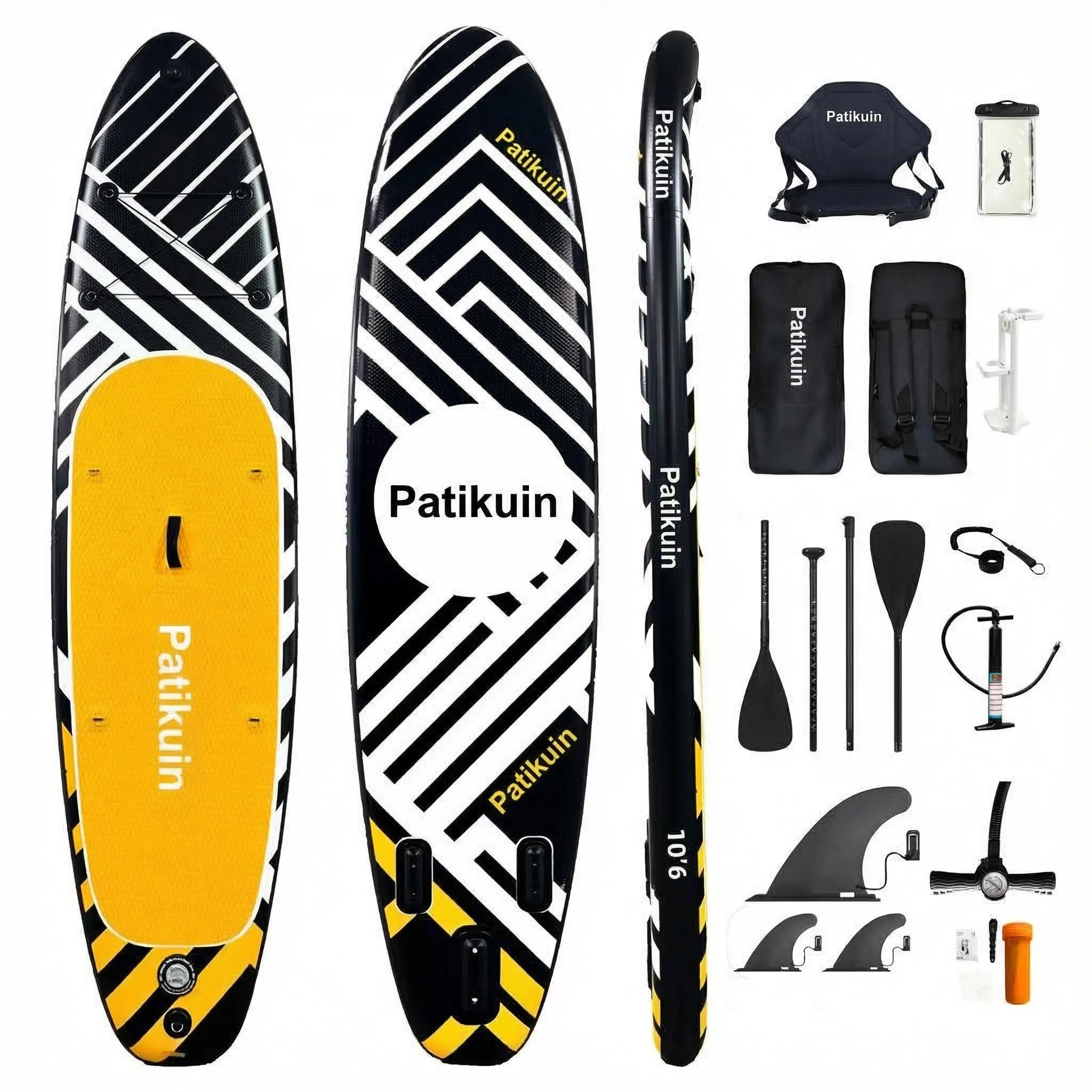 Black and White Stripes Inflatable Paddle Board for Adults - 10’6"x31.5"x6" Extra-Large SUP with Extra-Large Stability, Advanced Paddle Features, Built-In Camera Base, Enhanced Tracking, Ergonomic Backpack, 400 Lbs Capacity, Kayak Seat for Beginners, Yoga