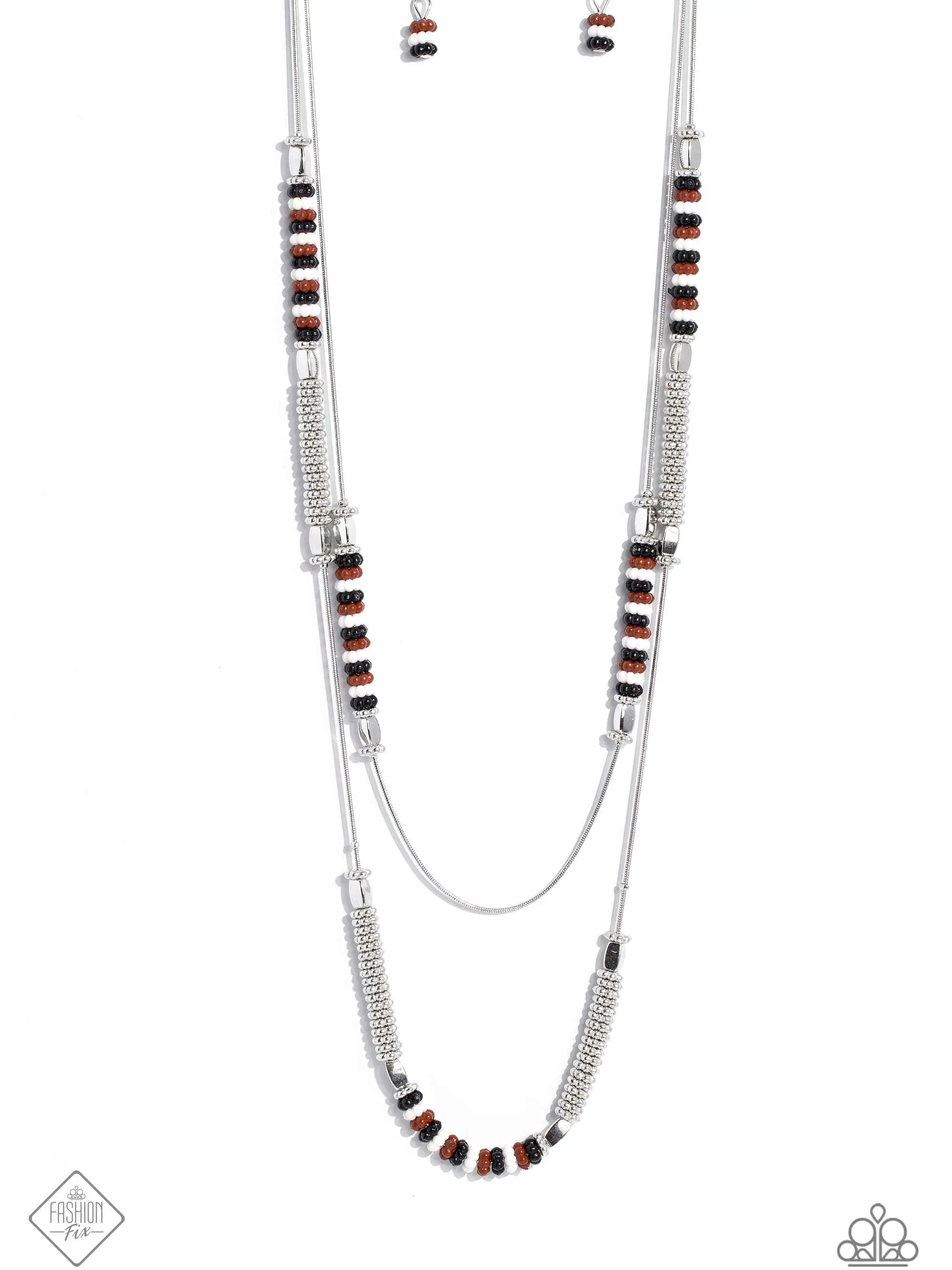 Caviar Chic - Layered Necklace - Silver Snake Chains with Silver Shiny Flower Beads, High-Sheen Silver Accents, White, Brown, Black and Silver Faceted Beads