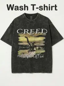 Men's Vintage Creed Band Tour Graphic T-Shirt - 100% Cotton 250gsm Heavyweight, Washed Retro Print, Relaxed Fit Short Sleeve, Easter/Halloween/Concerts