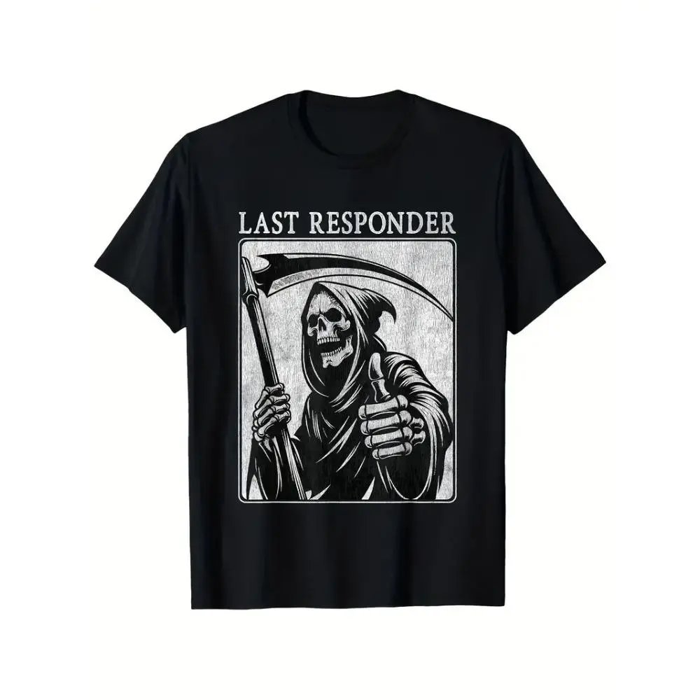 Last Responder Grim Reaper Graphic T-Shirt - Men's Vintage Distressed Cotton Tee, Black with White Print, Short Sleeve, Round Neck, Casual Retro Style for All Seasons
